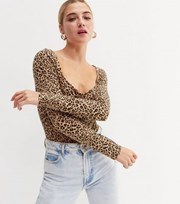New Look Brown Leopard Print Scoop Neck Long Sleeve Bodysuit